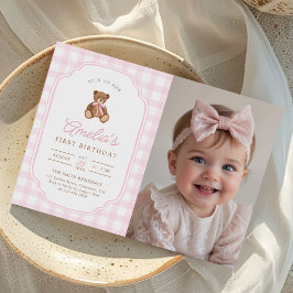 Convites Pink Gingham Teddy Bear Beary First Birthday Photo