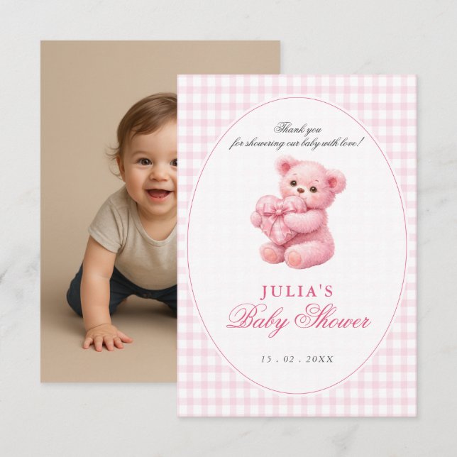 Convites Pink Gingham Teddy Bear Neutral Baby Shower (Frente/Verso)