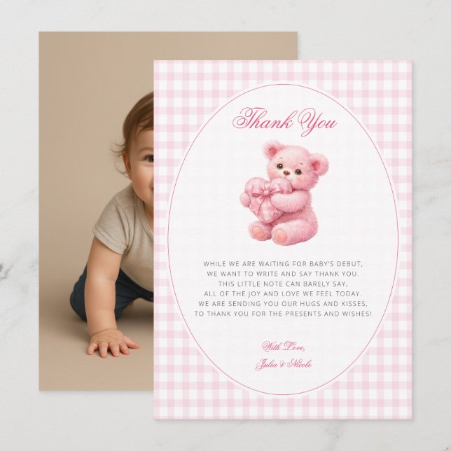 Convites Pink Gingham Teddy Bear Neutral Baby Shower (Frente/Verso)