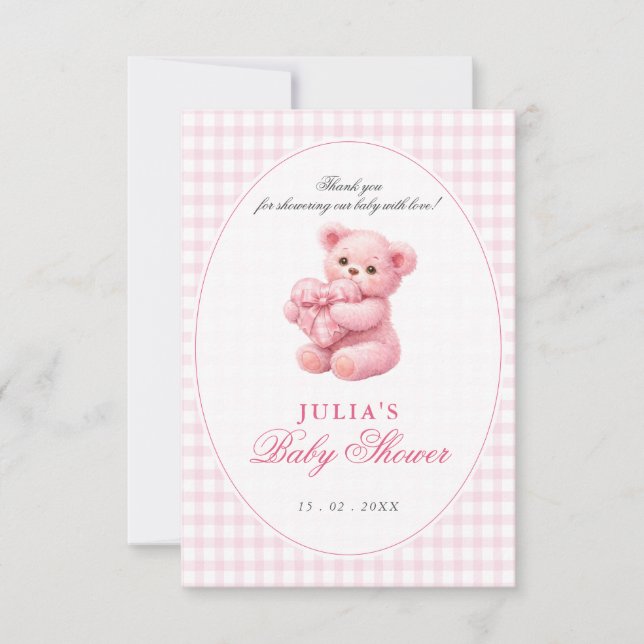 Convites Pink Gingham Teddy Bear Neutral Baby Shower (Frente)