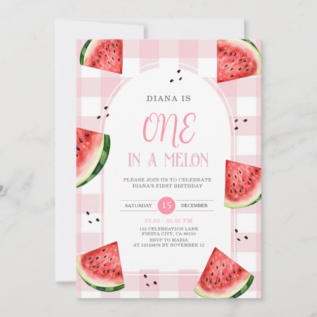 Convites Pink Gingham Watermelon First Birthday Invitation (Frente)