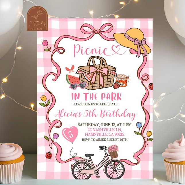Convites  Pink Gingham Whimsical Picnic Birthday Invitation (Criador carregado)