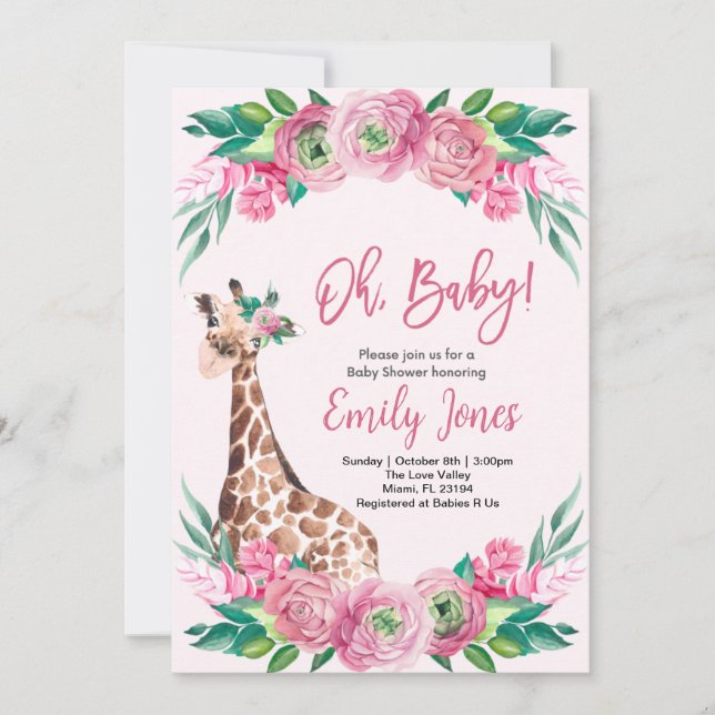 Convites Pink Giraffe Floral Baby Shower (Frente)