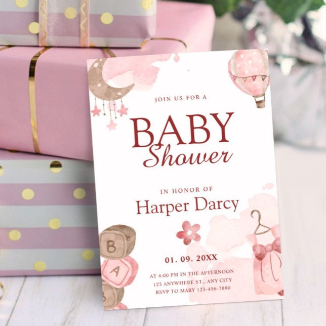 Convites Pink Girl Baby Shower with Moon & Hot Air Balloon (Pink Girl Baby Shower with Moon & Hot Air Balloon Invitation, Oh Baby Invitation)