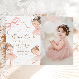 Convites Pink Girl Ballerina 1st Birthday Party Photo