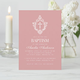 Convites Pink Girl Baptism Cross & Crest Elegant Dusty Rose