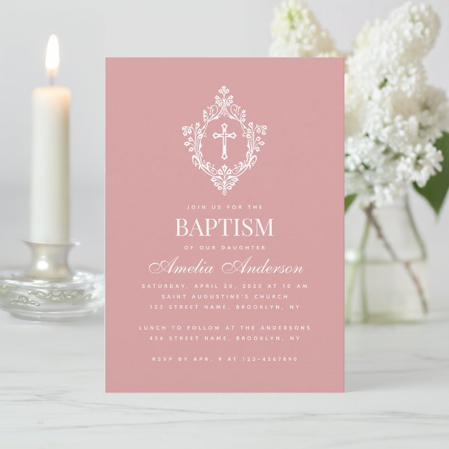 Convites Pink Girl Baptism Cross & Crest Elegant Dusty Rose (Criador carregado)