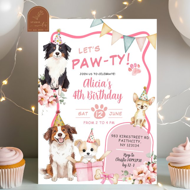 Convites Pink Girl Dog let's Pawty Birthday Invitation (Criador carregado)