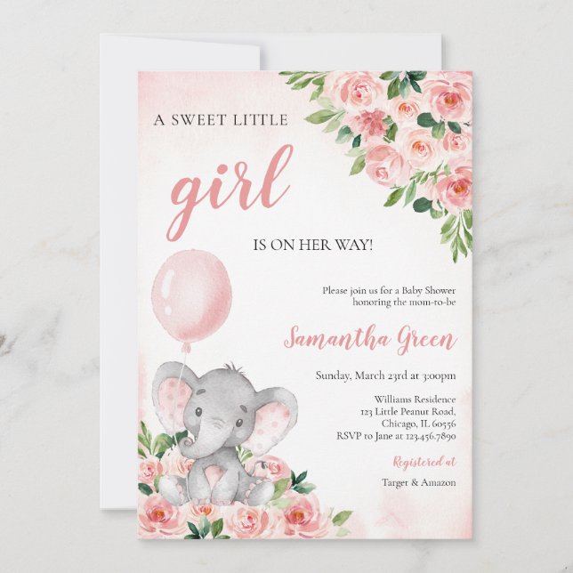 Convites Pink Girl Elephant Baby Shower (Frente)