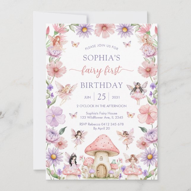 Convites Pink Girl Floral Fairy First 1st Birthday (Frente)