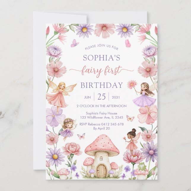 Convites Pink Girl Floral Fairy First 1st Birthday (Frente)