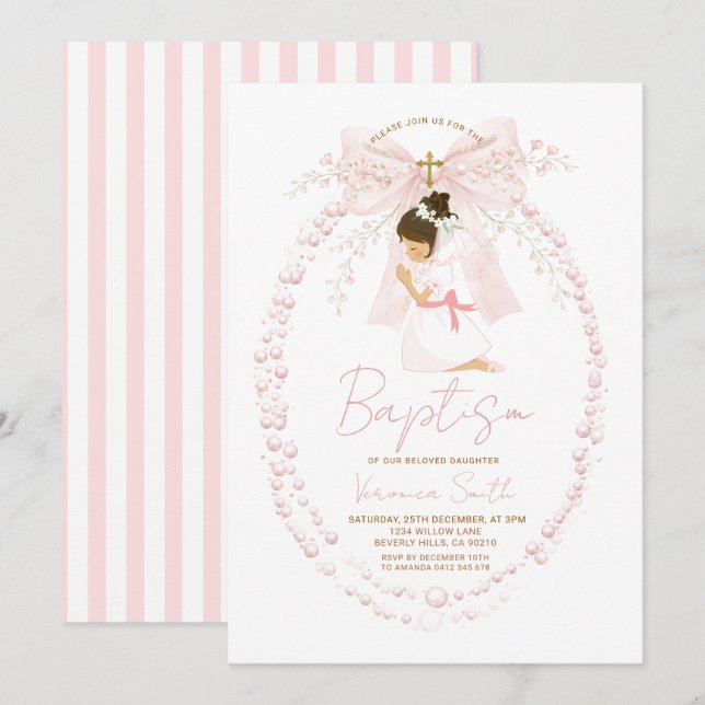 Convites Pink Girl Pearls Bow Baptism Invitation (Frente/Verso)