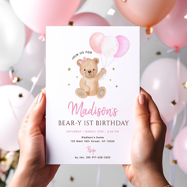 Convites Pink Girl Teddy Bear Balloon First Birthday (Criador carregado)