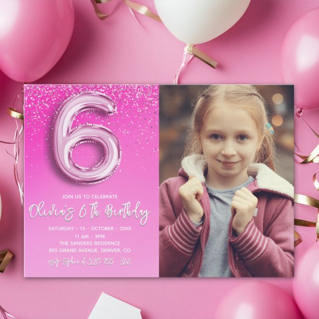 Convites Pink Glitter 6th Birthday for Girl with Photo (Criador carregado)