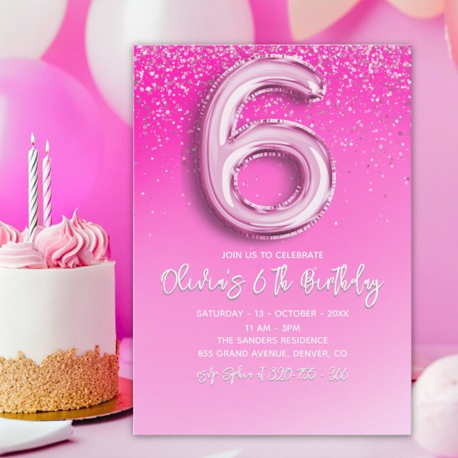 Convites Pink Glitter Ballon Numer - 6th Birthday for Girls (Criador carregado)