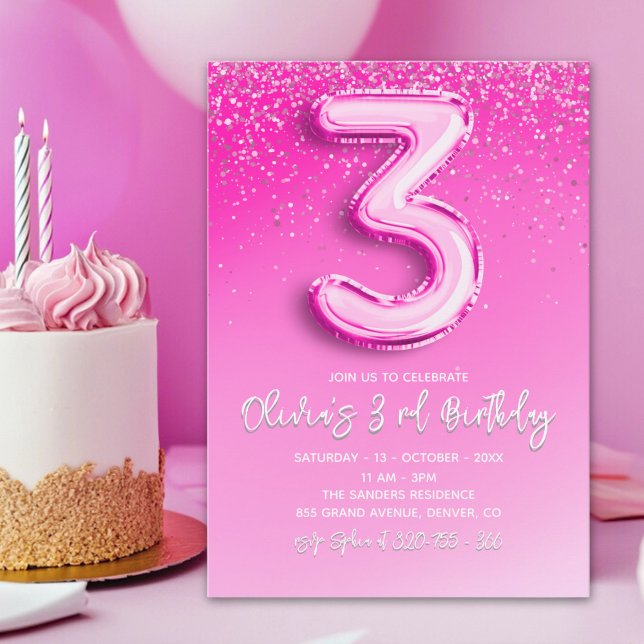 Convites Pink Glitter Balloon 3rd Birthday for Girls (Criador carregado)