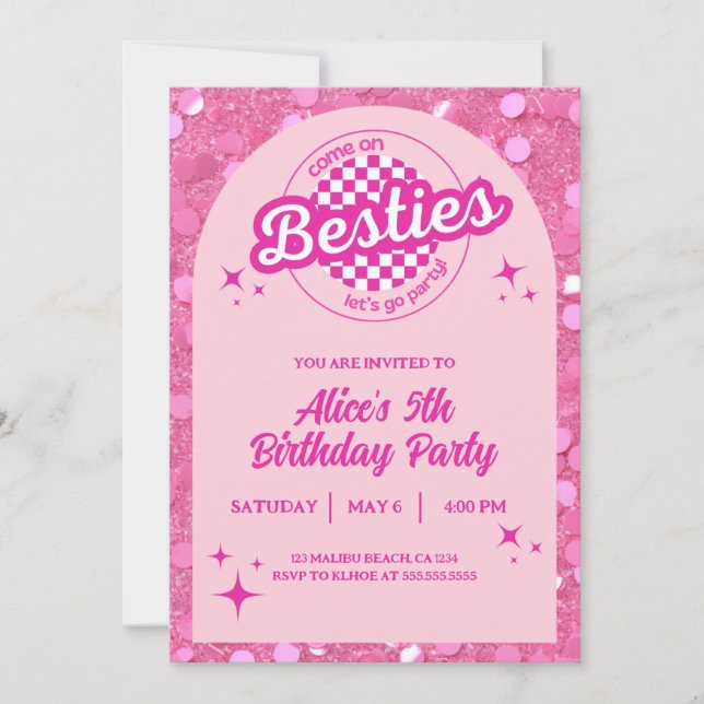 Convites Pink Glitter Doll Themed Birthday Invitation (Frente)