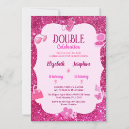 Convites Pink Glitter Double Birthday Party For Girls 