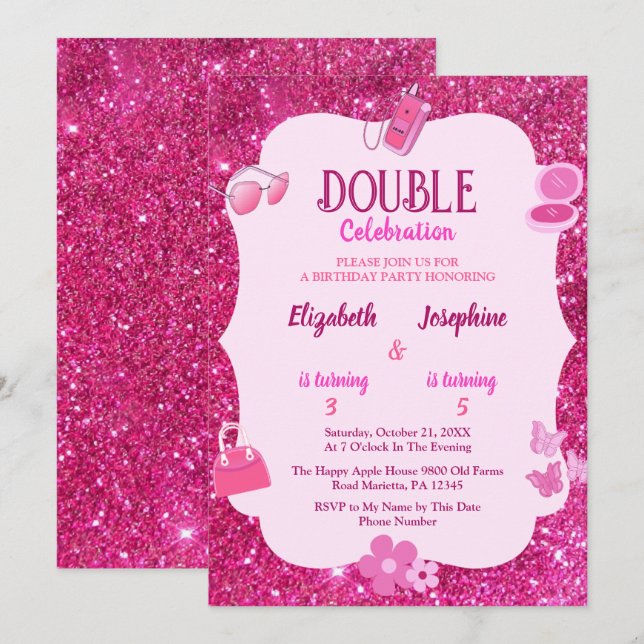Convites Pink Glitter Double Birthday Party For Girls  (Frente/Verso)