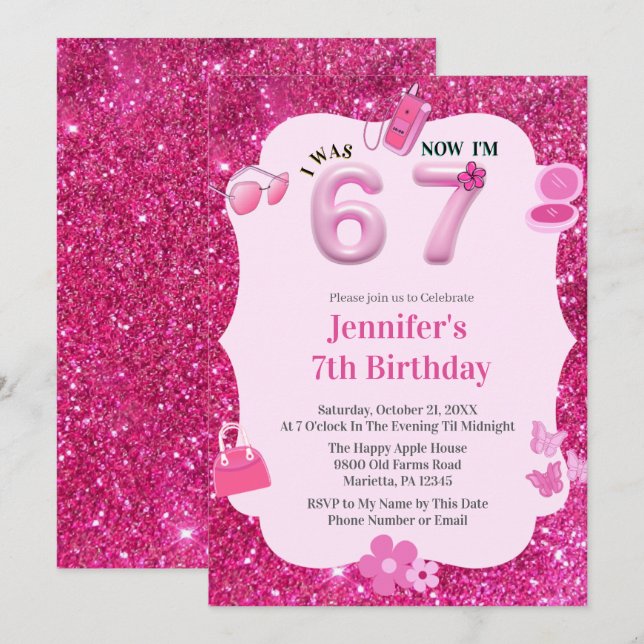 Convites Pink Glitter Girl 7th Birthday Was 6 Now 7 (Frente/Verso)