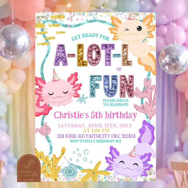 Convites Pink Glitter girl Axolotl birthday invitation (Criador carregado)