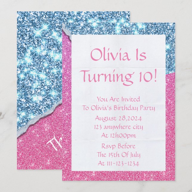 CONVITES PINK GLITTER GIRL BIRTHDAY INVITATION (Frente/Verso)