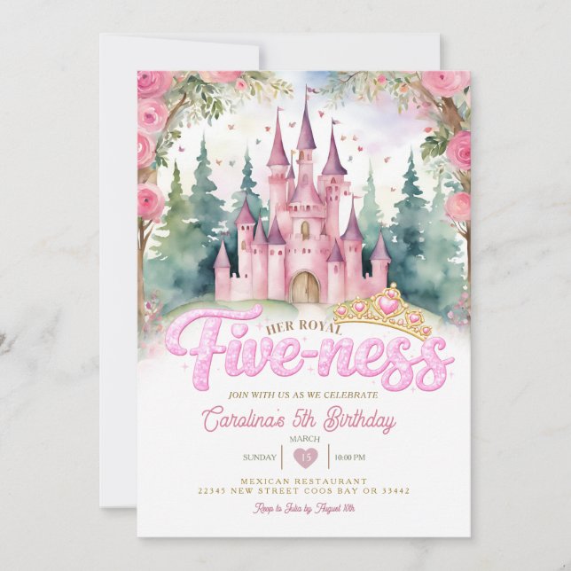 Convites Pink Glitter Her Royal Five-ness Castle Birthday (Frente)