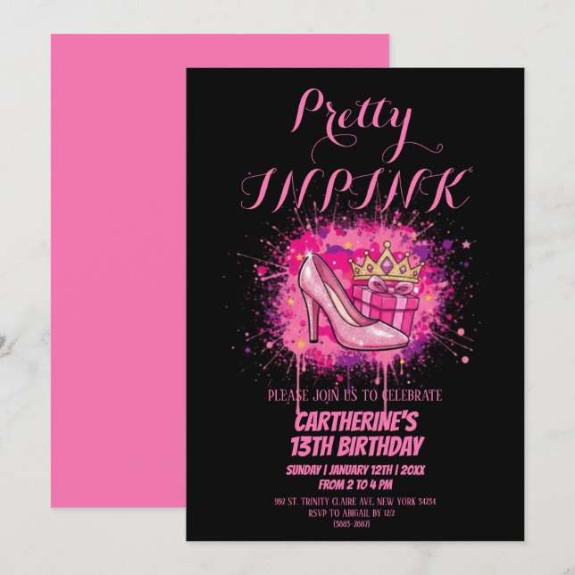 Convites Pink Glitter Pretty in Pink Birthday Party  (Frente/Verso)