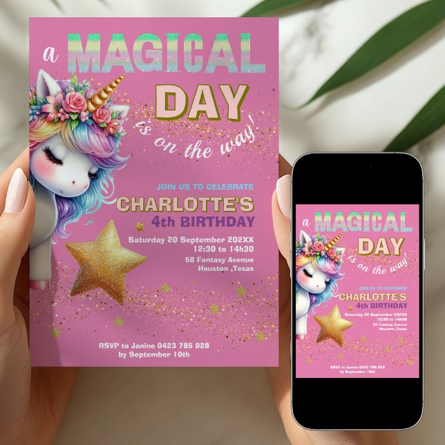 Convites Pink Glitter rainbow unicorn 4th birthday  (Criador carregado)