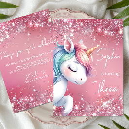 Convites Pink Glitter Rainbow Unicorn Birthday