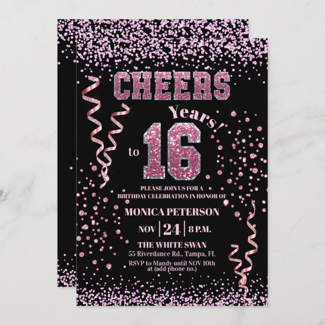 Convites Pink Glitter Rhinestones 16th Birthday Party  (Frente/Verso)