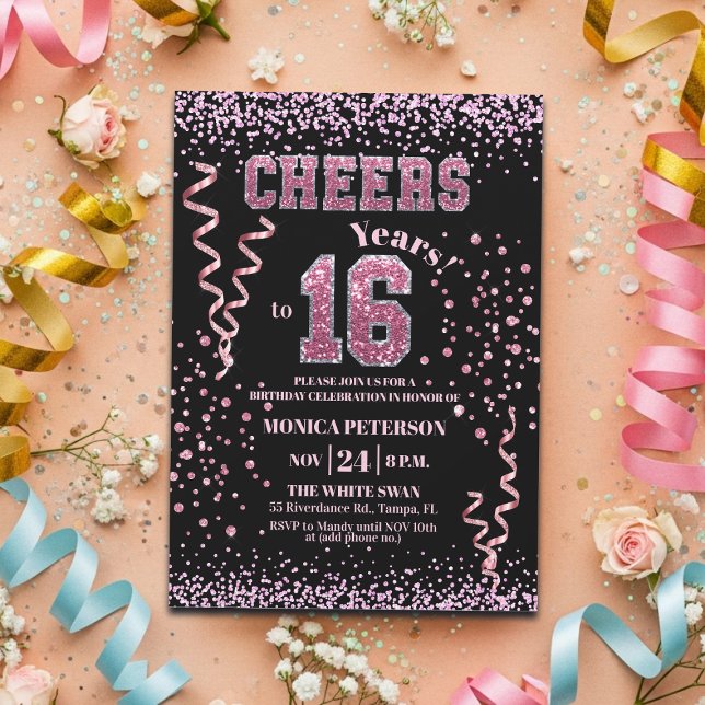 Convites Pink Glitter Rhinestones 16th Birthday Party  (Criador carregado)