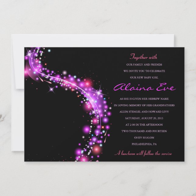 Convites PINK GLOTING STARS Jewish Baby Naming Invitation (Frente)
