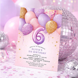 Convites Pink Gold 6th Birthday  Girl Invitation