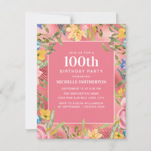 Convites Pink Gold Amarelo Azul Floral 100º Aniversário Mul