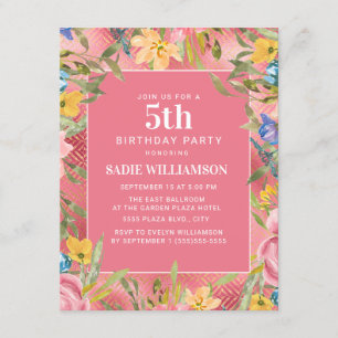 Convites Pink Gold Amarelo Azul Floral Aniversário de 5 ano