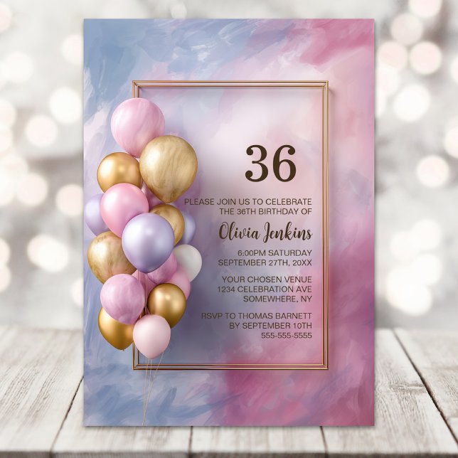 Convites Pink Gold Balloons Any Age Birthday Party (Criador carregado)