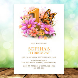 Convites Pink Gold Butterfly Floral 1st Birthday Party