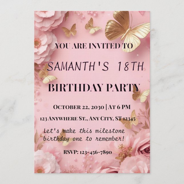 Convites Pink Gold Butterfly Garden Invite (Frente)
