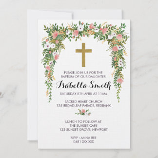 Convites Pink Gold floral Baptism / Christening Invitation