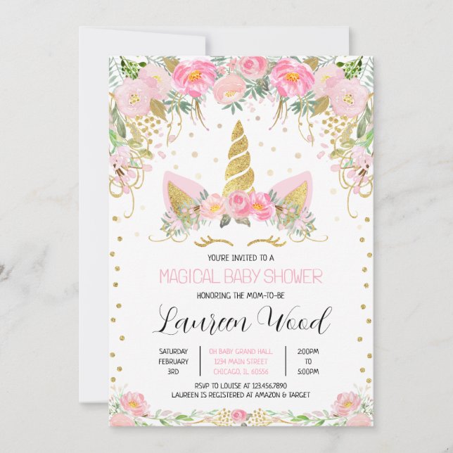 Convites Pink Gold Floral Unicorn Baby Shower (Frente)