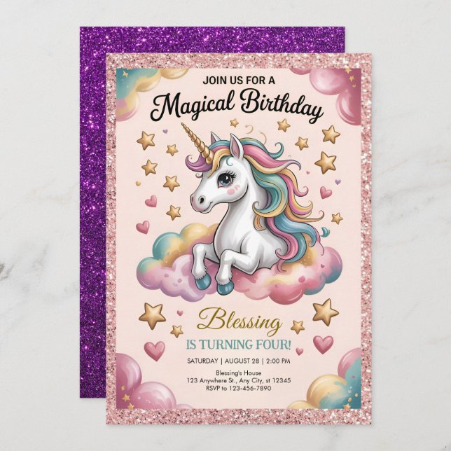 Convites Pink & Gold Glitter Party (Frente/Verso)