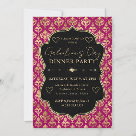Convites Pink & Gold Heart Damask Galentine's Dinner Party