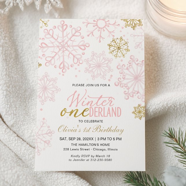 Convites Pink Gold Onederland 1º Aniversário Floco de Neve (Criador carregado)