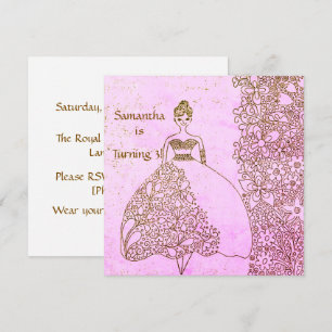 Convites Pink Gold Princess Linha de Arte Floral Aniversári