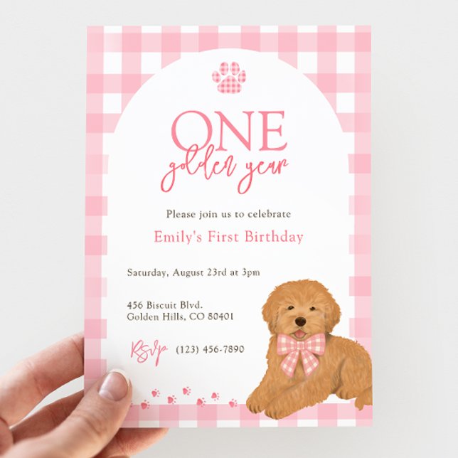 Convites Pink Goldendoodle Dog One Golden Year birthday (Criador carregado)