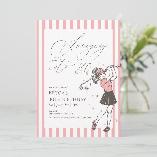 Convites Pink Golf 30th Birthday Party Swinging Into 30 (Em pé/Frente)