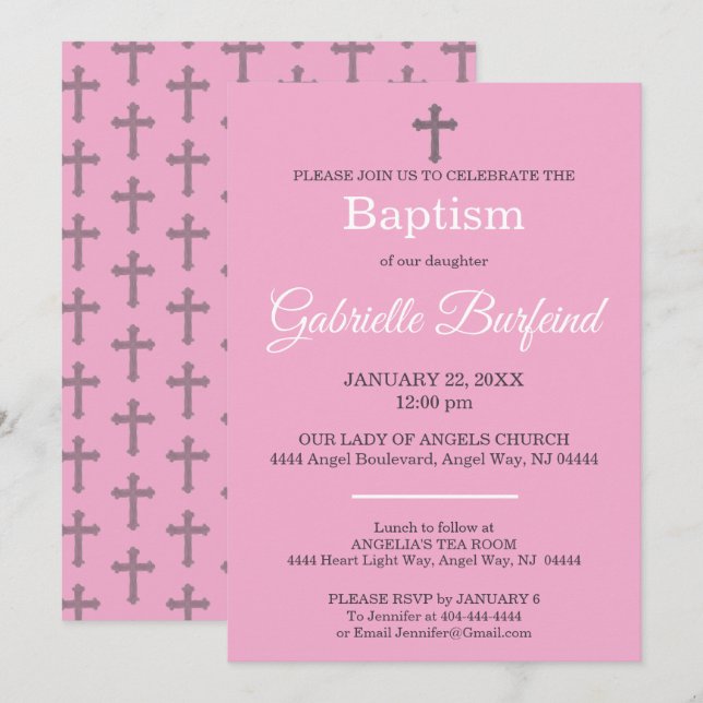 Convites Pink & Gray Cross Watercolor Baptism (Frente/Verso)