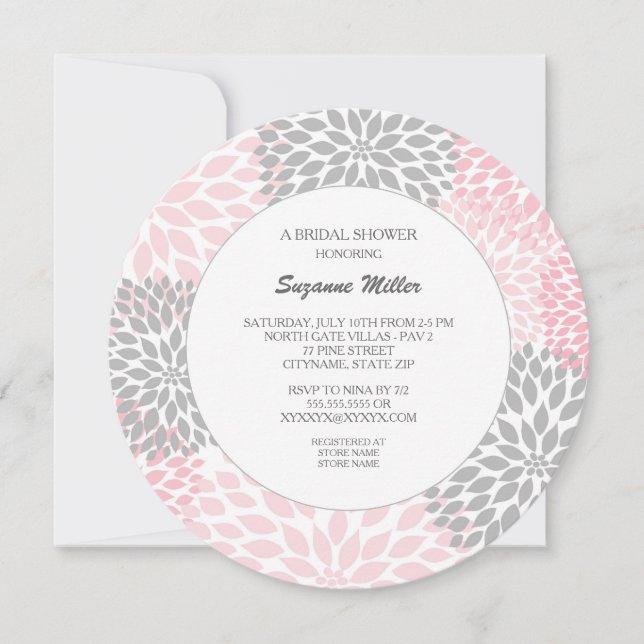 Convites Pink Gray Dahlia Round BRIDAL SHOWER INVITE (Frente)