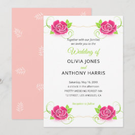 Convites Pink Green Gold Floral Rose Wedding 